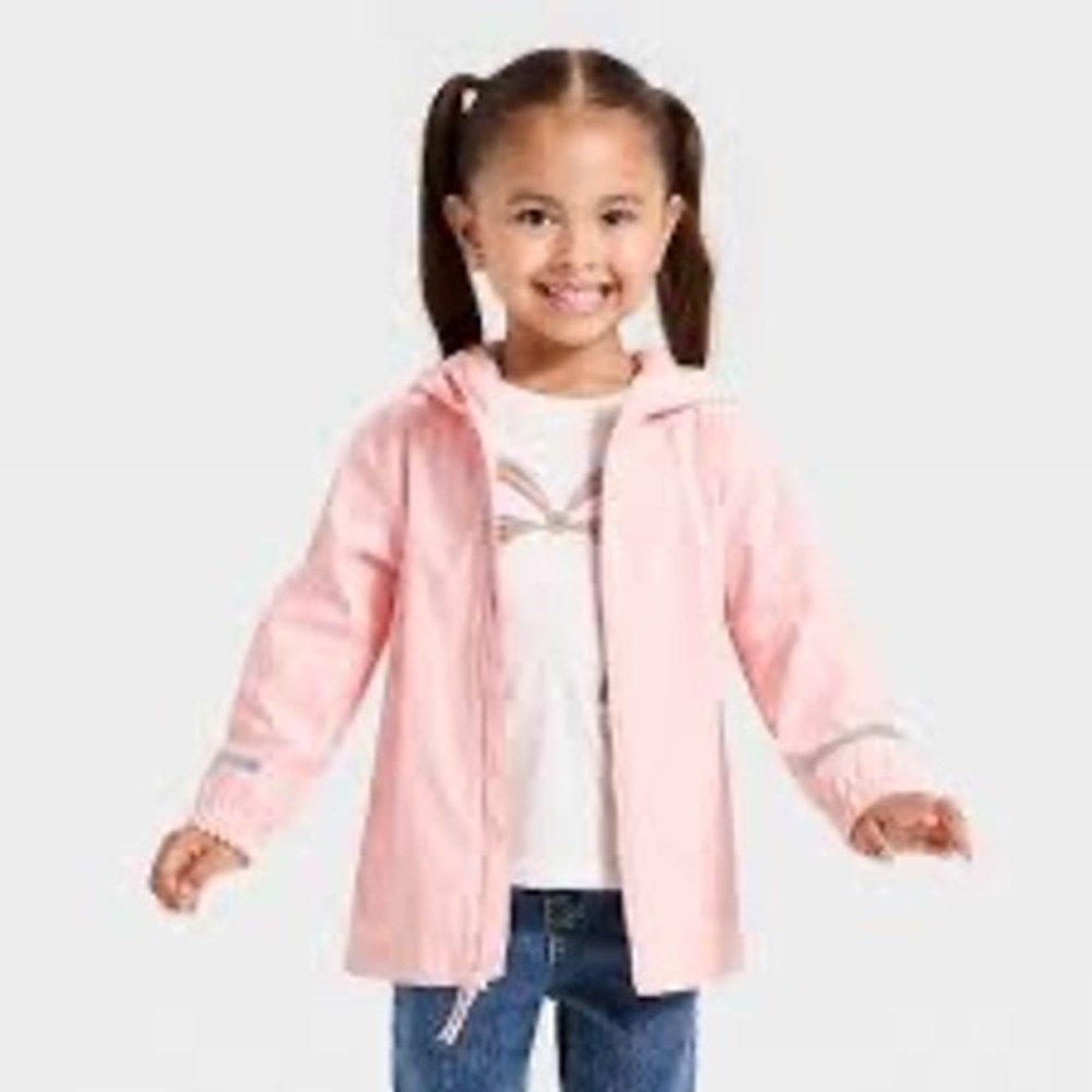 Cat & Jack Girls Light Pink Hooded Rain Jacket Windbreaker Reflective 2T